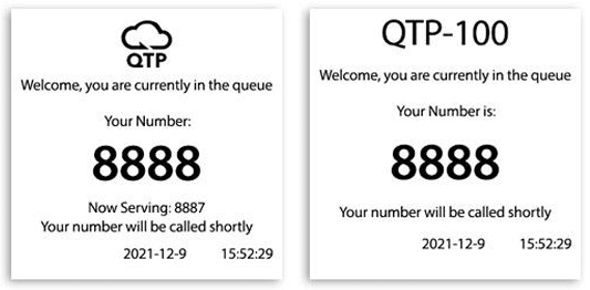 Standard queue ticket layout showing the queue number, number now serving and estimated wait