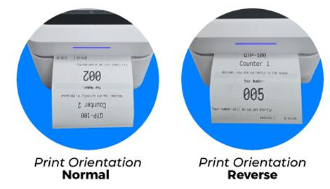 Queue ticket printed in normal and reverse orientation