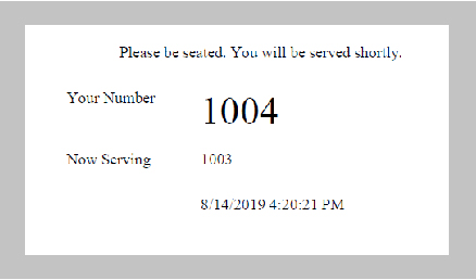 Printed queue ticket showing your number 1004 and now serving 1003 with the date and time