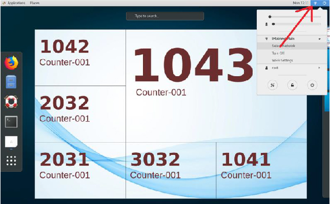 Queue display running on a TV with the network menu open in the top-right corner
