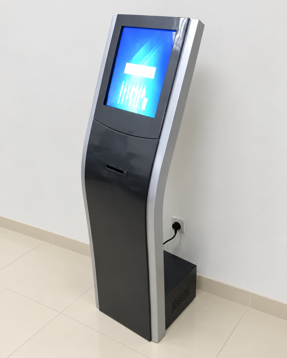 Free-standing queue ticket kiosk installed against a wall, with touchscreen and ticket outlet slot