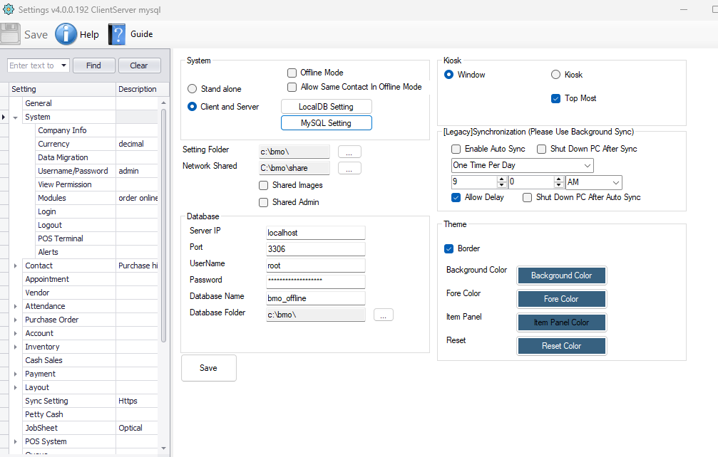 Queue Manager system settings showing Stand alone and Client and Server options, database connection fields, kiosk mode and theme colours