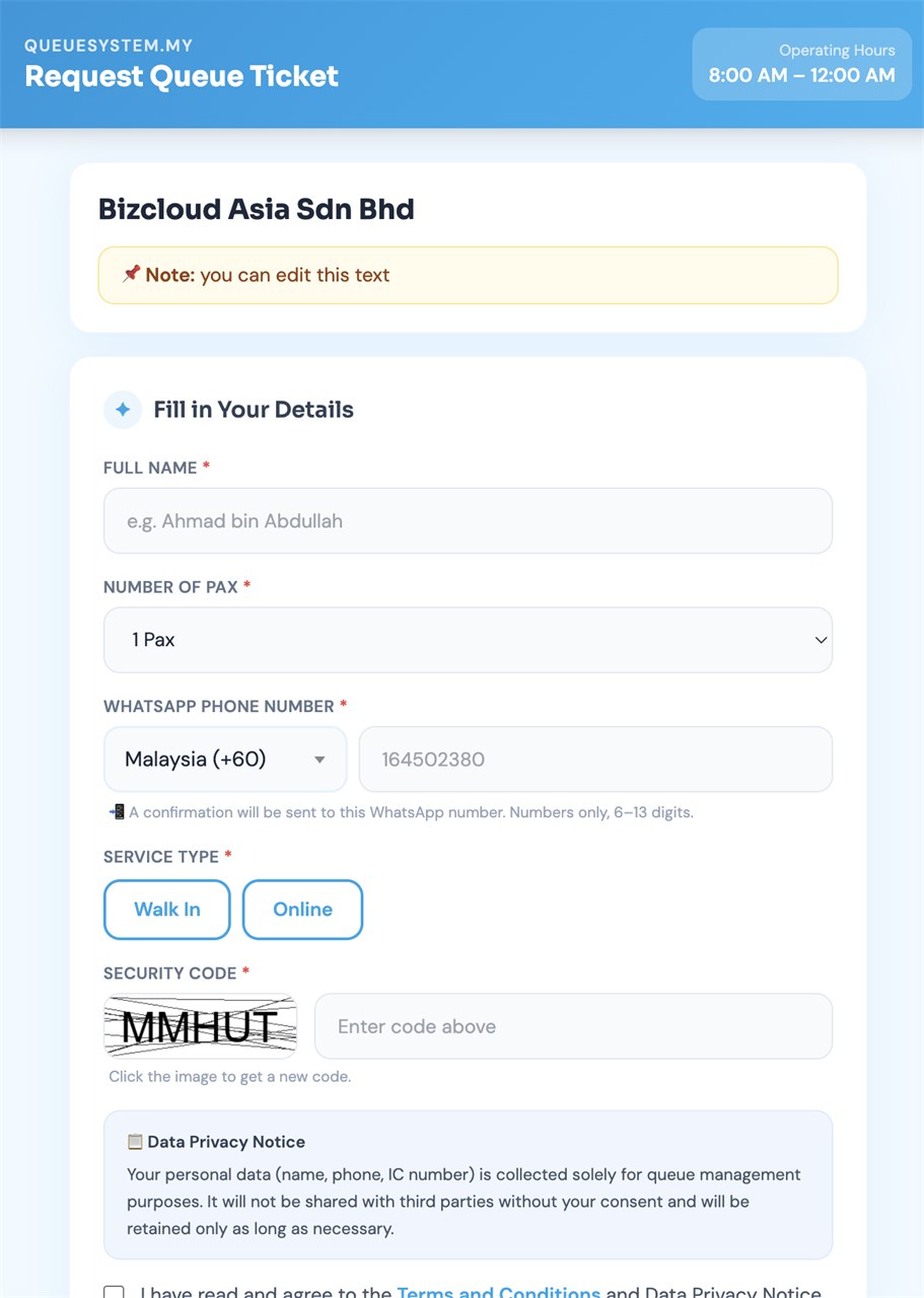 Cloud QMS queue request form
