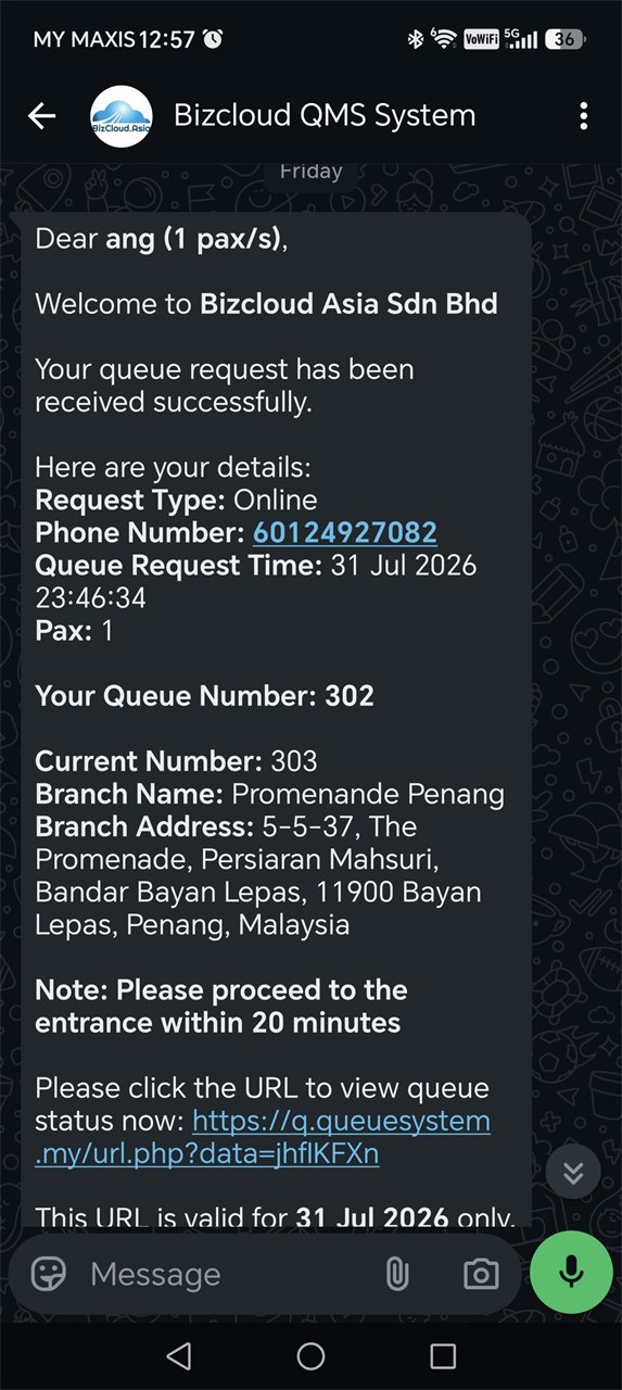 WhatsApp message with the customer's queue number and current queue list