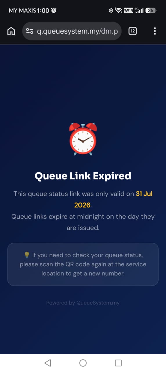 Expired queue link message shown after the visit is finished